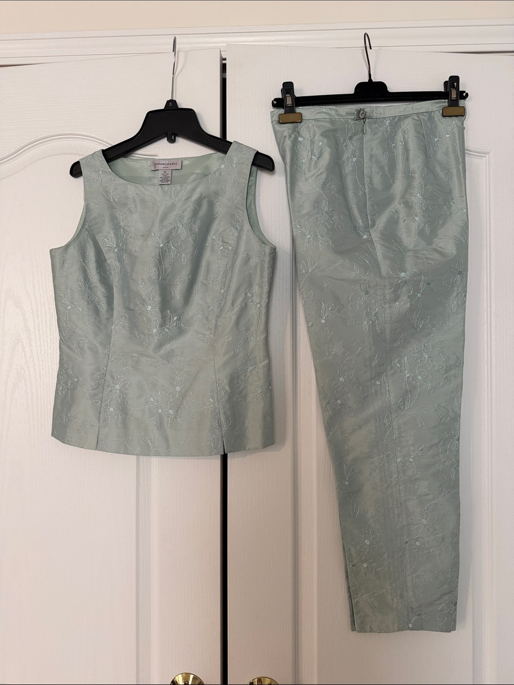 Sutton Studio aqua Embroidered Two-Piece Shell Top & Pants